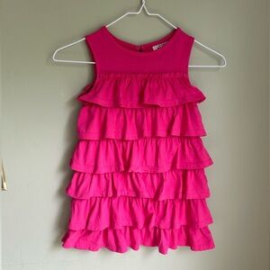 Mini Boden pink shimmy cotton knit dress Size 3/4. Sleeveless. Layers of ruffles